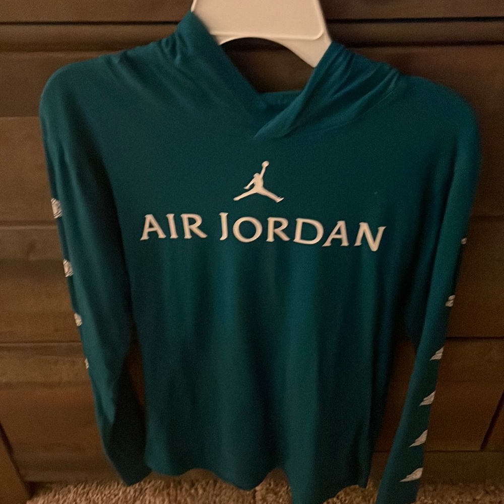 Air Jordan, Youth L, Long Sleeve Tee with Hood, Blue/Green